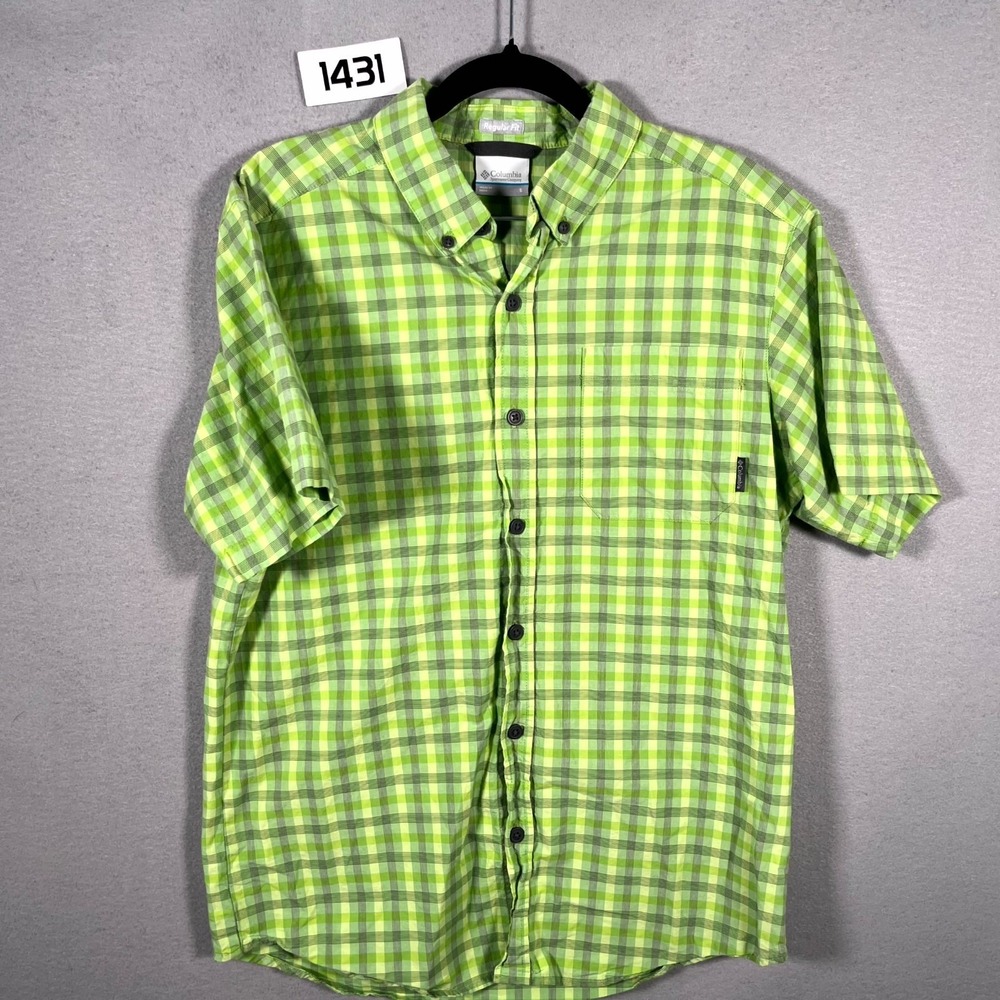 Columbia Shirt Men Small Green Plaid Short Sleeve Regular Fit Cotton Button Down
